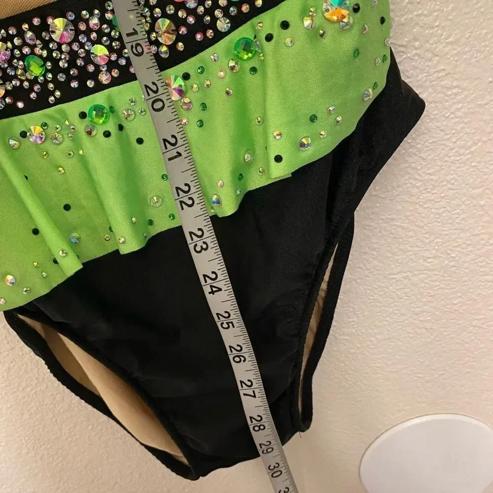 Glamour Dance Costume Lime Green Black Rhythmic Gymnastics jazz sassy neon LA